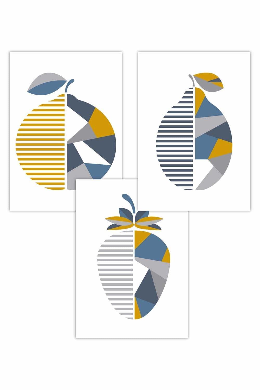 Set of 3 Geometric Fruit Strawberry Blue Yellow Art Posters